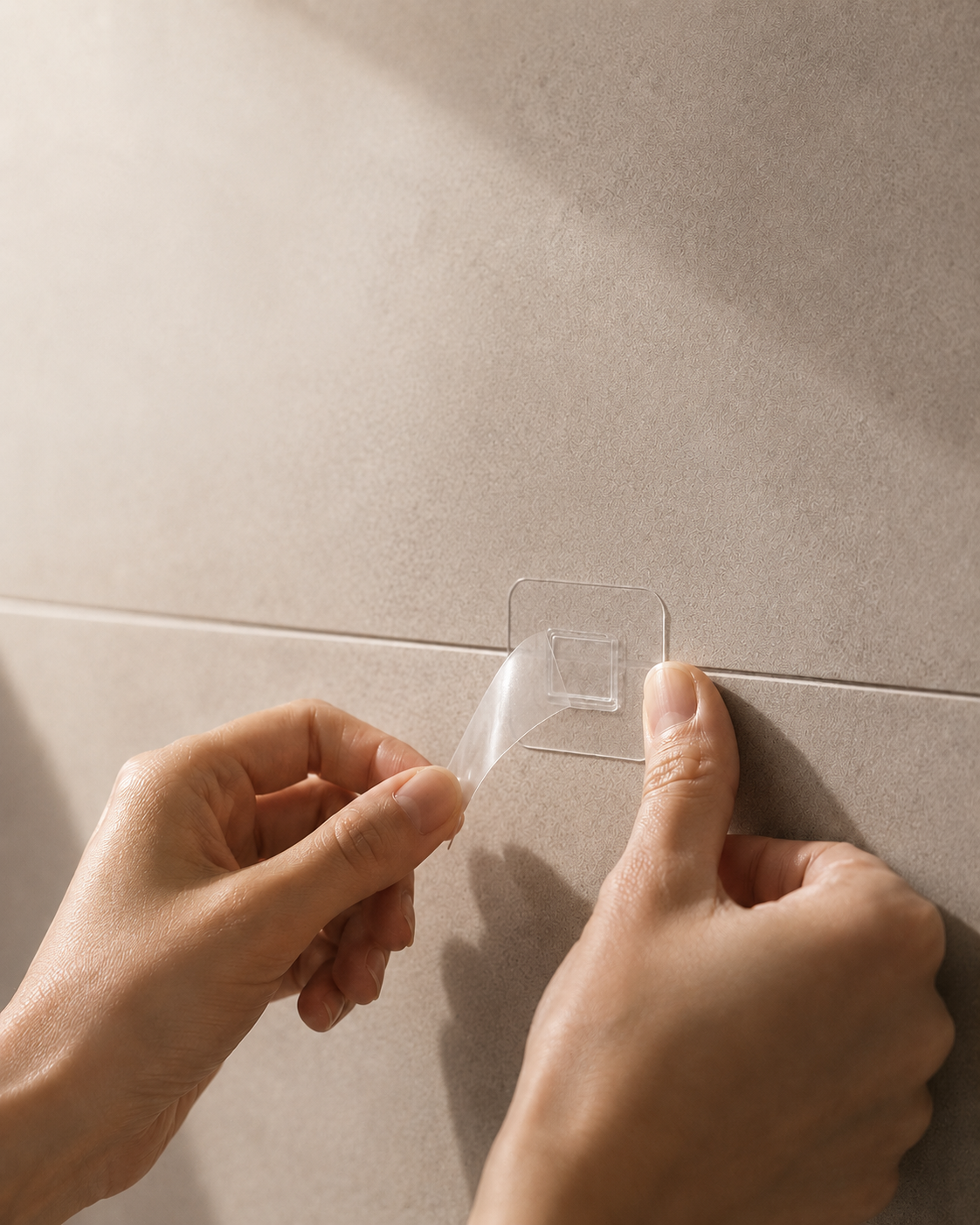 The Snaggle adhesive plate pressed onto clean shower tile