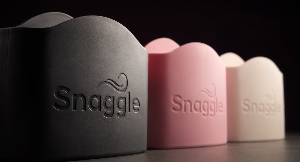 Three Snaggle Pods in a row: black, pink, white